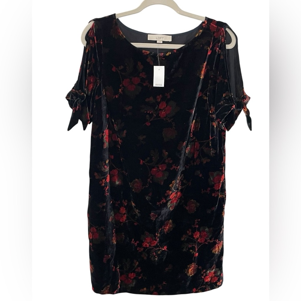 NWT LOFT Velvet Floral Shift Mini Dress Size SMALL‎ Open Tie / Cold Shoulder